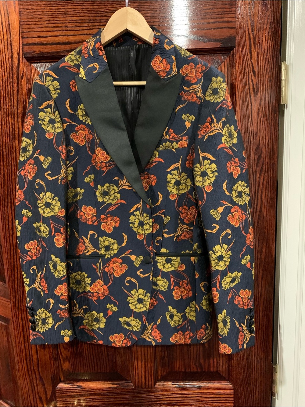 Zara Navy Blazer with Green and Orange Floral Jacquard